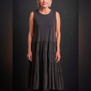 ▪️Lisa Bayne Charcoal Linen Tiered Midi Dress Sleeveless Lagenlook Style XL